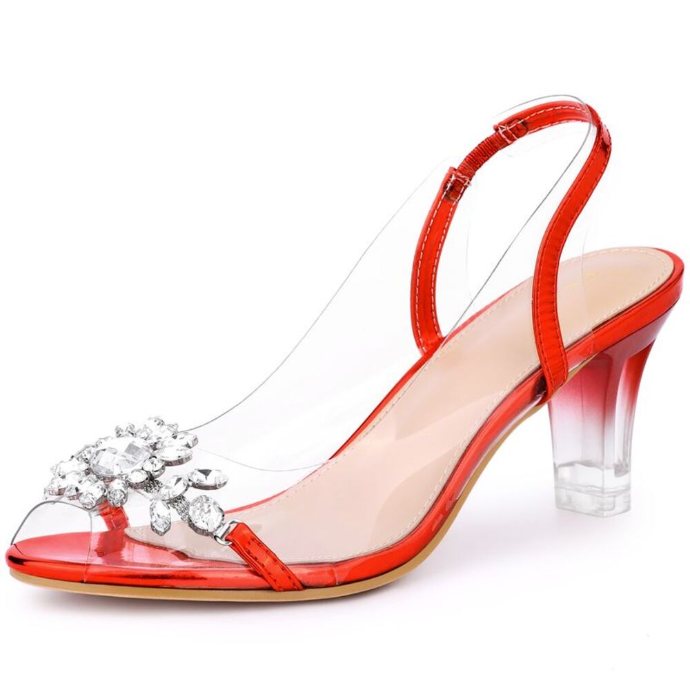 Clear Slingback Flower Rhinestone Peep Toe Heels Sandals Red